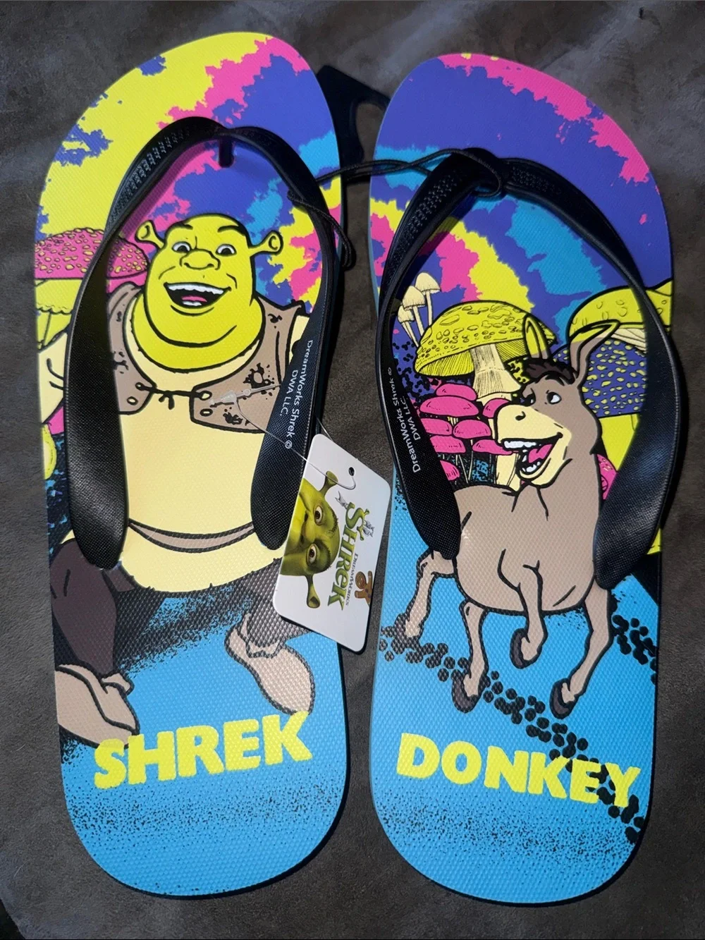 DreamWorks Shrek Donkey Flip Flops Sandals Multicolor Mushroom Swamp Movie Merch